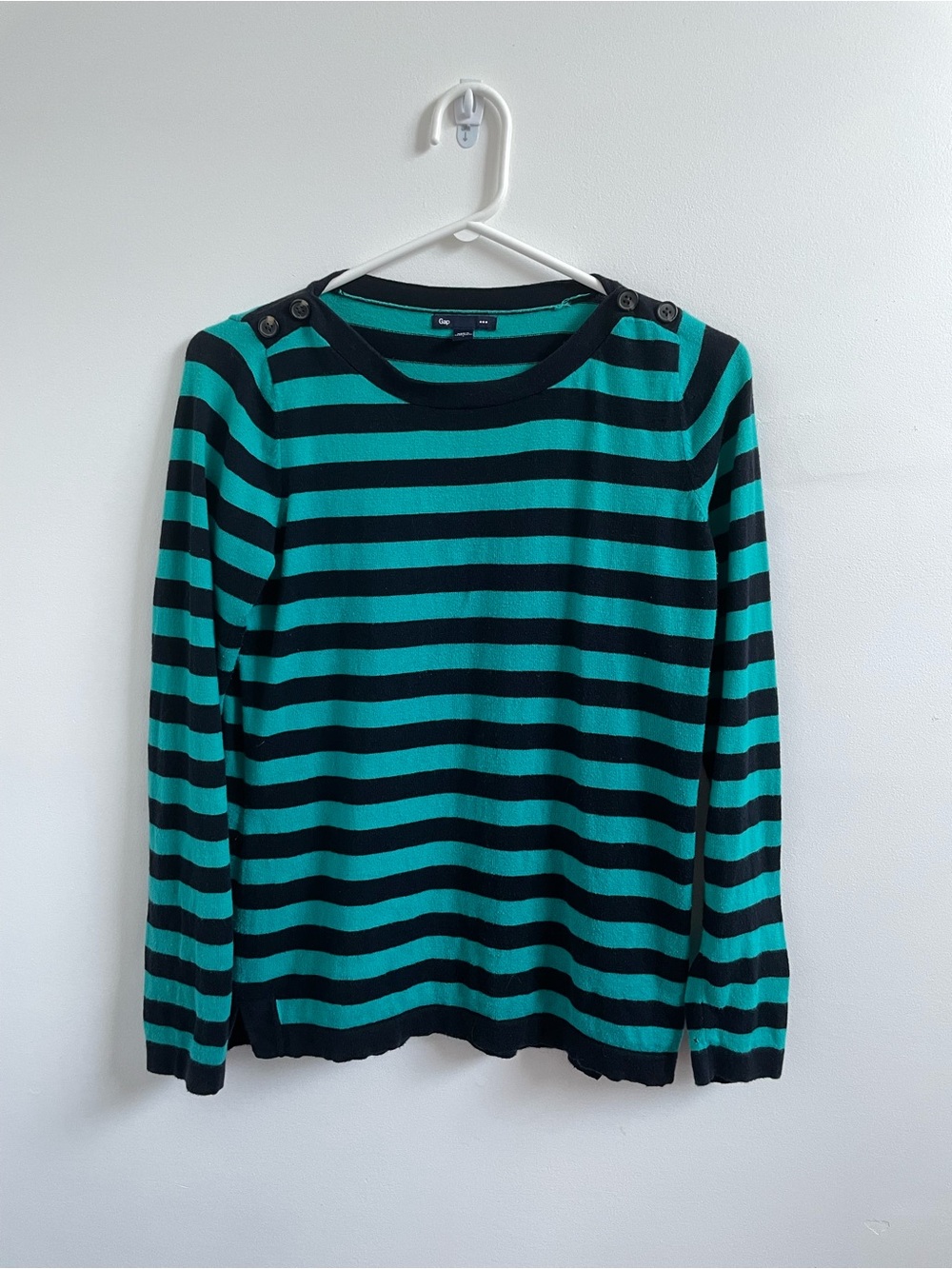Striped Teal and Black Button-Sleeve Knit Top